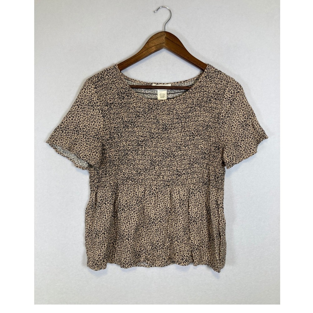 Boho Urban Romantics Women Size M Tan Black Leopard Smocked Peplum Top